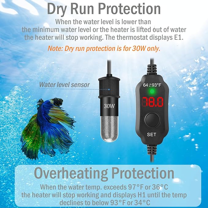 20W Mini Aquarium Heater for 2-4 Gallon Tanks | Submersible Fish Tank Heater with Digital Thermostat, Dry-Run & Overheat Protection, Memory Function