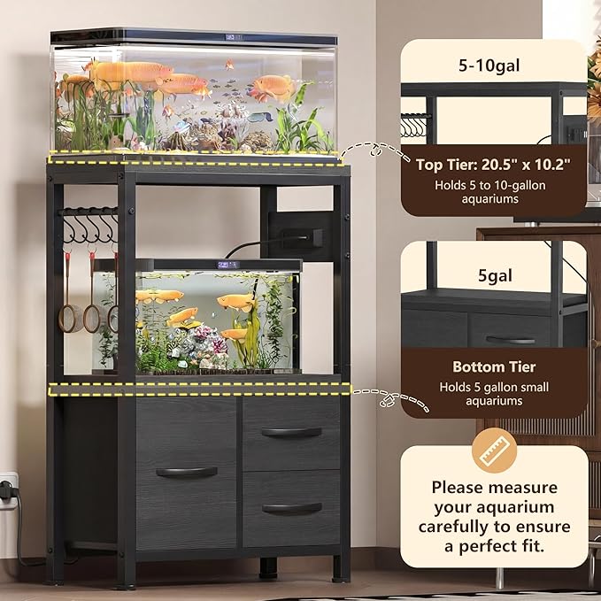 Heybly 5-10 Gallon Fish Tank Stand, Aquarium Stand with Drawer, Power Outlet, Heavy Duty Metal Frame, for Fish Tank, Turtle & Reptile Terrarium, 20.5" × 10.2" Top, 200lbs, Black HAS002SBK