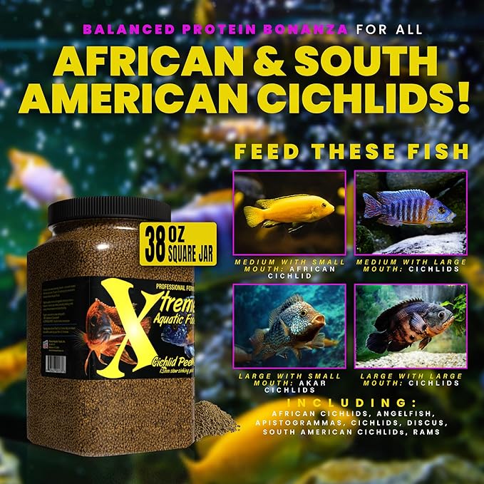 Xtreme Cichlid Peewee 1.5 mm Pellets - Proven Nutrition for Cichlids - Balanced Amino Acids, Boost Immune & Digestive Health, Color & Energy, Max Protein Freshwater Fish Food – USA Farm Grown (38oz)