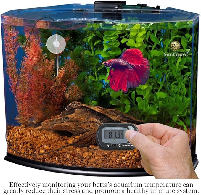 SunGrow Digital Betta Thermometer for Tropical Aquarium Fish, Black Color, Suction Cups and 1 Battery Included, 1 pc per Pack