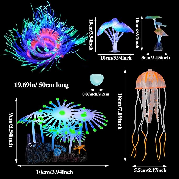 Weewooday 57 Pieces Glowing Fish Tank Decorations Plants with Simulation Silicone Coral Glowing Jellyfish Lotus Leaf Changeable Green Sea Anemone Luminous Stones for Aquarium Fish Tank Ornament