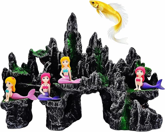 Large Fish Tank Decoration Mountain View Aquarium décor Thematic Ornaments Betta Fish Hiding cave House Mermaid Decorative Accessories