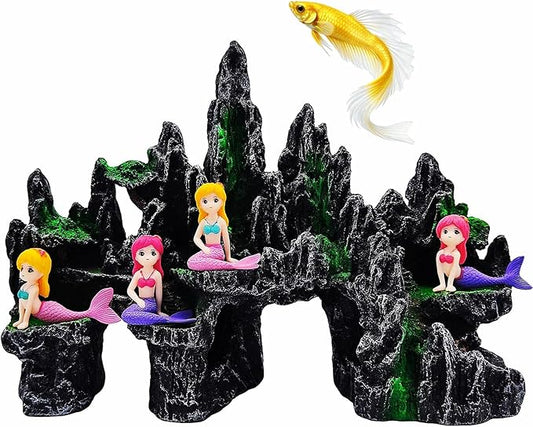 Large Fish Tank Decoration Mountain View Aquarium décor Thematic Ornaments Betta Fish Hiding cave House Mermaid Decorative Accessories