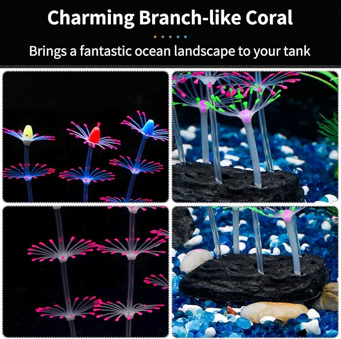 Uniclife Aquarium Imitative Rainbow Sea Urchin Ball and Pink Strip Coral Plant Ornament Artificial Silicone Ornament with Glowing Effect for Fish Tank Landscape Decoration