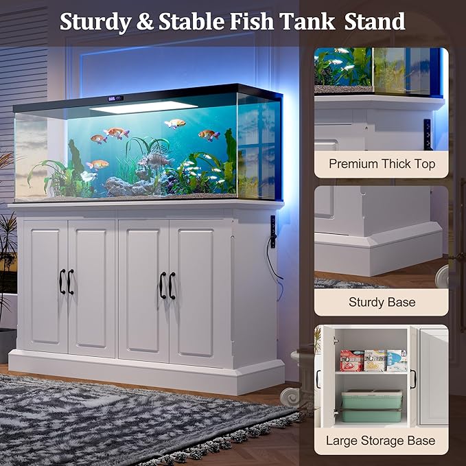 55-75 Gallon Fish Tank Stand, Modern Wooden Aquarium Stands with Power Outlet and 4 Cabinets, Heavy Duty Reptile/Turtle/Terrarium Tank Stand for Home, Office, Shopping Mall, 880LBS Capacity, White