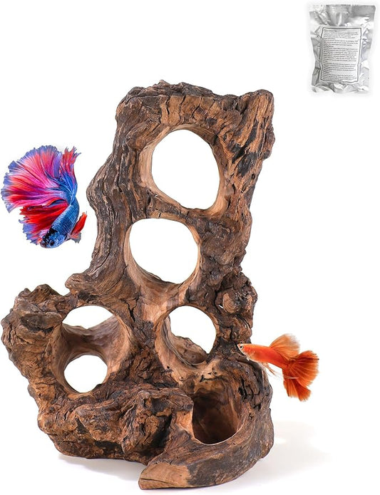 Aquarium Driftwood Fish Cave for Betta Fish Shrimp Hideout,10-12" Natural Porous Driftwood for Aquascaping with Low Tannins,Reptiles Shelter Fish Tank Decoration with Protein Cotton(No need to boil)