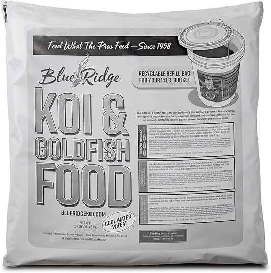 Blue Ridge Koi Fish Food 14lb Bucket Refill - Cool Water Wheat 3/16", Fall and Winter Floating Pond Pellets, Ponds Fish Food