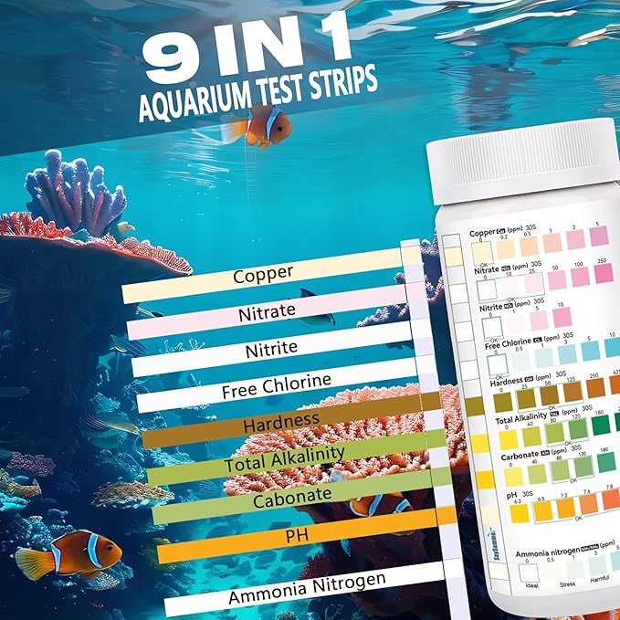 Aquarium Test Strips for Fish Tank: 9 in 1 Aquarium Ammonia Test Strips for Fish Tank - 50 Counts Aquarium Water Test Kit Testing Ammonia Nitrogen, Copper, pH and More