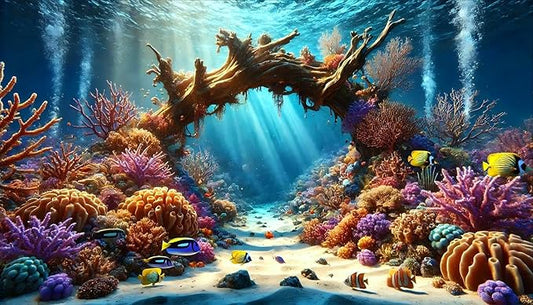 Undersea Coral Aquarium Background Underwater Sun Dead Tree Fish Tank Background 30x18 Inches PVC Glass Container Decoration with Tapes