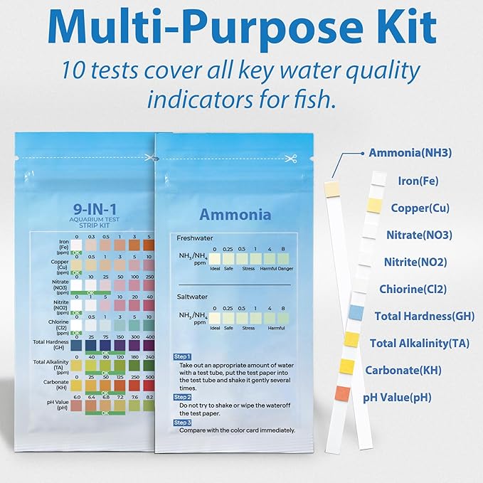 10-in-1 Ammonia Test kit Aquarium (25 Multi-Test + 25 Ammonia Strips) for Freshwater & Saltwater | Aquarium Test Strips for Fish Tank,Ponds | Test Nitrate,Nitrite,Hardness,pH & More.