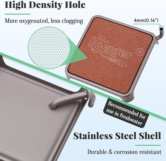 hygger Aquarium Air Stone, 1.65 Inch Nano Air Stone Make Super Tiny Bubble, Ultra Quiet Dissolved Oxygen Diffuser Small Airstone with Stainless Steel Base for Aquarium, Fish Tank & Hydroponic, Square