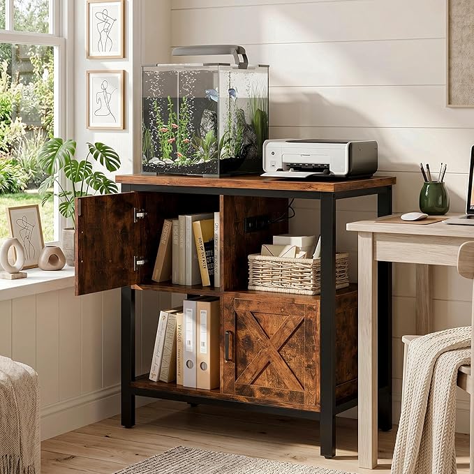 20-29 Gallon Fish Tank Stand with Power Outlet, Farmhouse Aquarium Stand with 2 Cabinets, 20 Gallon Fish Stand with 4 Adjustable Legs, 16.5" L*30.7" W Tabletop (Brown)