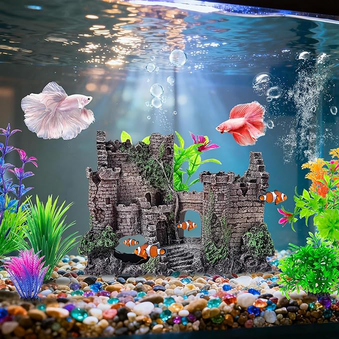 CousDUoBe Aquarium Decor Castle Fish Tank Bubbler Set Aquarium Plants for Aquatic Pets to Breed Play and Rest Fish Decorations for Tank