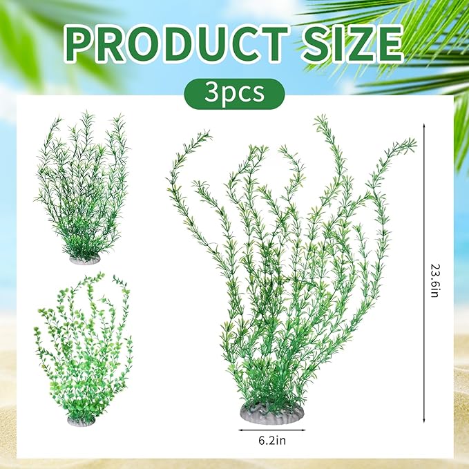 Qianyu 3 Pack Aquarium Plastic Decor Fish Tank Decorations Tall Artificial Green Grass Cluster Extra Large 23.6 Inch Underwater Plants Bendable Fish Tank Plants for Freshwater and Saltwater Tanks