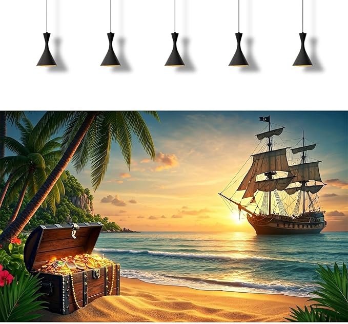 Beach Aquarium Background Pirate Ship Tropic Island Treasure Chest Fish Tank Background Sunset Vintage Pirates Sailing Old Ship Ocean Seascape Terrarium Backgrounds for Tank Backgrounds Decors 36x24in