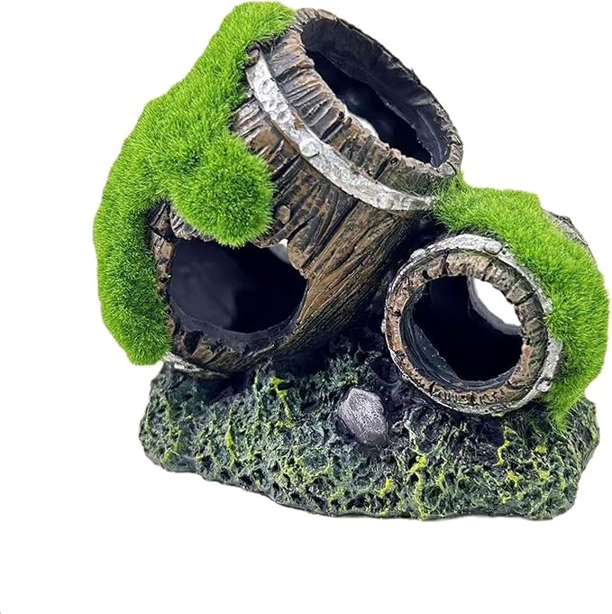 Moss-Covered Twin Broken Barrels Aquarium Decor – Resin Fish Tank Hideout with Artificial Moss for Betta, Shrimp & Small Fish