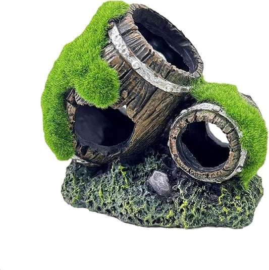 Moss-Covered Twin Broken Barrels Aquarium Decor – Resin Fish Tank Hideout with Artificial Moss for Betta, Shrimp & Small Fish