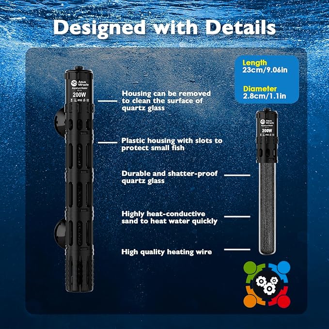 AquaMiracle Submersible Aquarium Heaters, 200W Fish Tank Heater with LED Digital Temp Display, Dry-Run Auto Power-Off & Overheat Protection, for Freshwater and Saltwater Tanks (20-40 Gal)