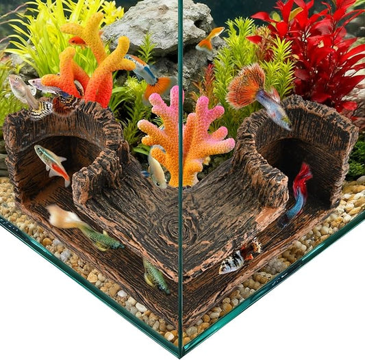 Aquarium Underground Corner Cave with 2 Simulated Resin Coral, Natural-Looking Wood-Like Bet-ta Fish Hideout Fish Tank Decorations, for Avoid Aggressive Behavior