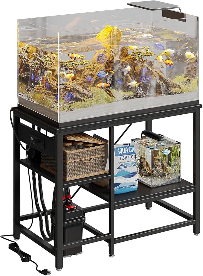 Bestier 40-50 Gallon Fish Tank Stand with Power Outlet, 36x19 Metal Aquarium Stand with Filter Storage, 6-Leg Reptile Tank Stand with 3-Tier Adjustable Storage Shelves, 660LBS Capacity, Black Oak