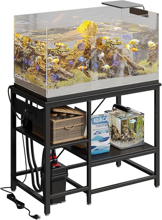 Bestier 40-50 Gallon Fish Tank Stand with Power Outlet, 36x19 Metal Aquarium Stand with Filter Storage, 6-Leg Reptile Tank Stand with 3-Tier Adjustable Storage Shelves, 660LBS Capacity, Black Oak
