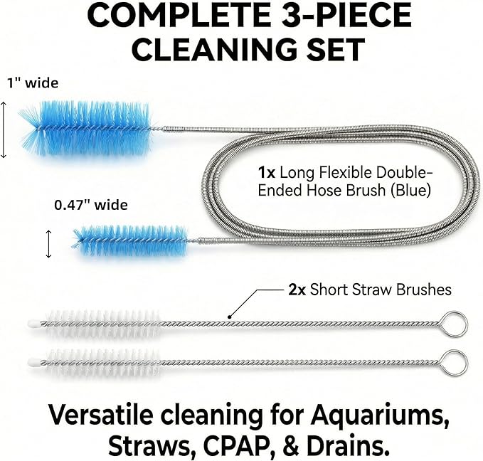 3-Piece Tube Cleaning Brush Kit, 59" Double-Ended Flexible Aquarium Filter Hose Brush with 2 x 8 Straw Cleaner Brushes, 304 Stainless Steel & Nylon Pipe Cleaner for Fish Tank, Kitchen & Home Brewing