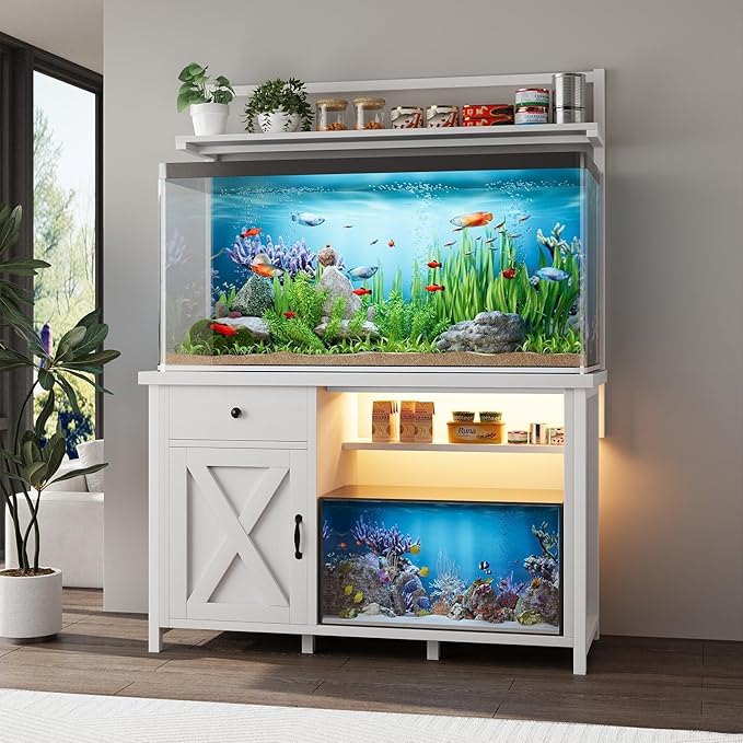 55-75 Gallon Fish Tank Stand with Power Outlet, Led Light, Heavy Duty Aquarium Stand with Cabinet for Fish Tank Accessories Storage, Shelf, for Turtle Tank, Reptile Terrarium, 1100 LBS (White)