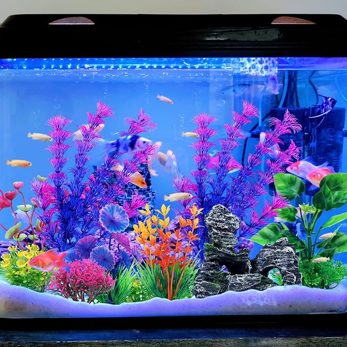 QUOZUO Fish Tank Accessories Aquarium Decorations Plants, 9pcs Colorful Fish Tank Artificial Plants and Cave Rock Decor Set, Aquarium Decor Plastic Plants