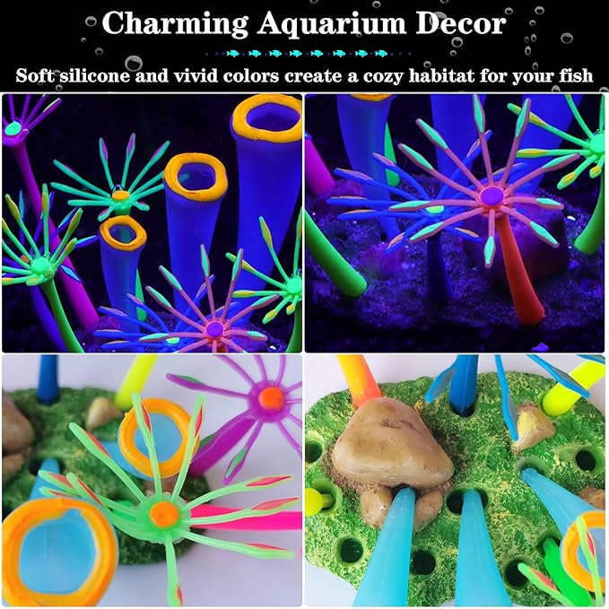 Glowing Effect Aquarium Fish Tank Decorations, Silicone Artificial Soft Anemone Coral Plants Ornaments for Aquarium Decor Landscape, Glow in Dark Fish Tank Accessories Decorations(Orange)