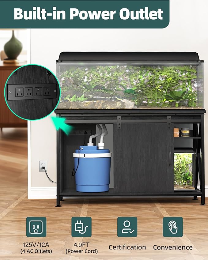 Aquarium Stand for Fish Tank: 40-50 Gallon Fish Tank Stand with Sliding Door - Heavy Duty Metal Aquarium Table with Power Outlet - 2-Tier Breeder Turtle Reptile Terrarium Stand for Home & Office
