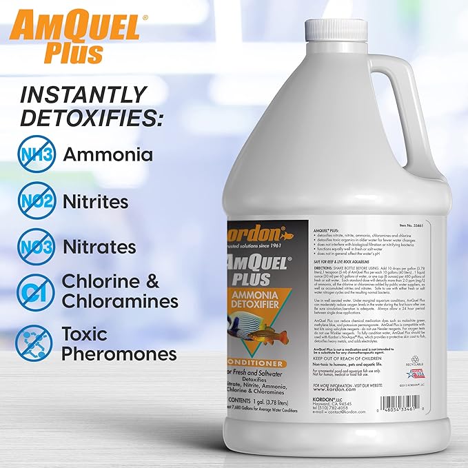 Kordon AmQuel Plus Aquarium Water Conditioner - Instantly Detoxifies Ammonia, Nitrite, Nitrate, and Chlorine Remover for Freshwater & Saltwater Aquariums, 1 Gallon