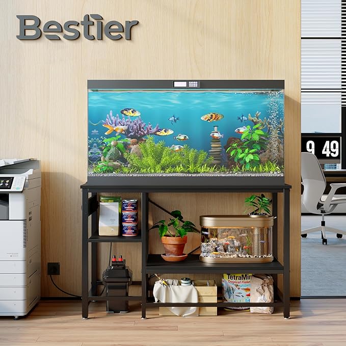 Bestier 55 Gallon Fish Tank Stand with Power Outlet, 49x13 Metal Aquarium Stand with Filter Storage, 6-Leg Long Reptile Tank Stand with 3-Tier Adjustable Storage Shelves, 700LBS Capacity, Black Oak