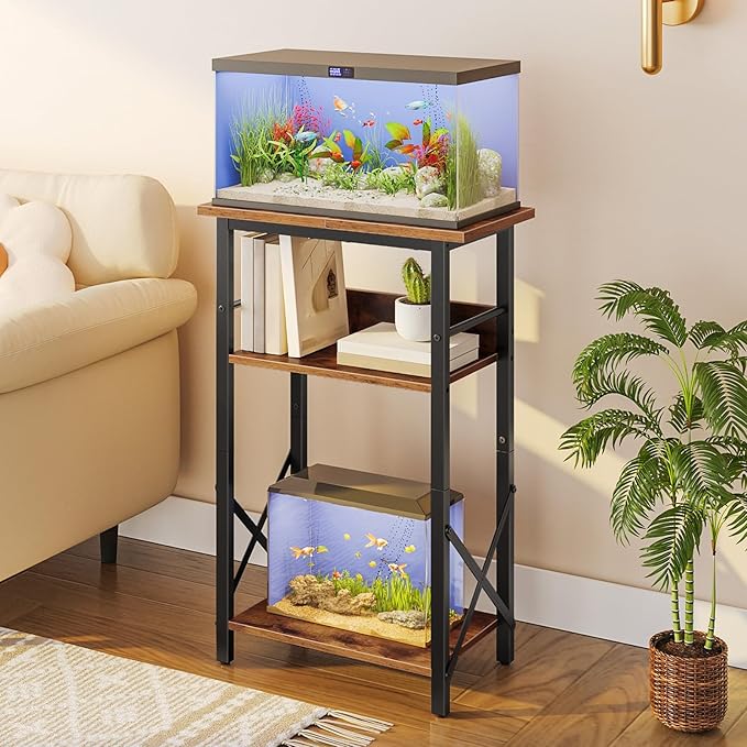 HOOBRO 10 Gallon Aquarium Stand, 3-Tier Fish Tank Stand with Storage, Reptile Turtle Tank Stand with Metal Frame, 20.5" L x 11" W , Rustic Brown BF52FT01