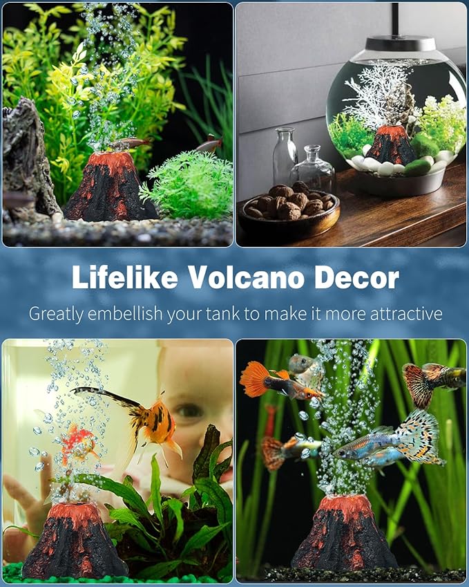 Uniclife Aquarium Volcano Ornament Kit Fish Tank Decoration Mini Resin Volcanic Decor for Fish Tank with Air Stone Bubbler Airline Tubing Accessories for Oxygenation (Air Pump Not Included)