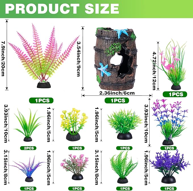 Ameliade Fish Tank Accessories Decorations Set with Broken Barrel Cave & 11 Artificial Aquatic Plants - Betta Goldfish Hiding Spots for Aquariums, Small Bowl Ornament Decor