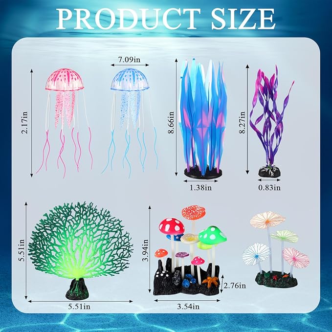 Frienda 8 Pieces Glowing Effect Fish Tank Decorations Artificial Plants with 2 Style Glowing Kelp, Sea Anemone, Simulation Coral, Jellyfish, Lotus Leaf, Mushroom for Aquarium Ornament(Blue, Pink)