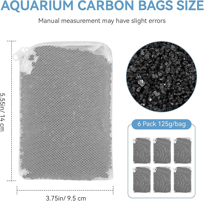6 Pack Aquarium Activated Carbon Bags, Chemical Aquarium Filter Media, Activated Charcoal Fit for Marineland All C-Series and Magniflow Canister Filters, Rite-Size S, T and X, Fish Tank Carbon Filte
