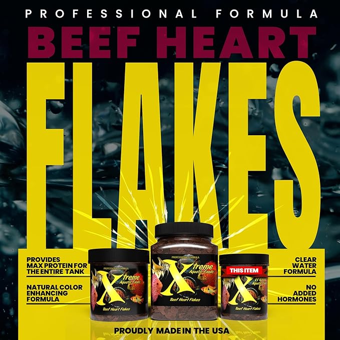 Xtreme Beef Heart Flakes - High Protein, Nutrient-Dense for Tropical & Freshwater Fish, Supports Growth, Color Enhancement, Easy Digestion - Ideal for Discus and Cichlids (1oz)