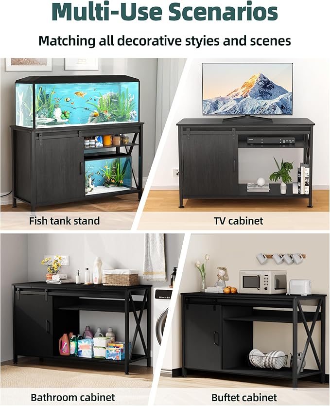 Aquarium Stand for Fish Tank: 40-50 Gallon Fish Tank Stand with Sliding Door - Heavy Duty Metal Aquarium Table with Power Outlet - 2-Tier Breeder Turtle Reptile Terrarium Stand for Home & Office
