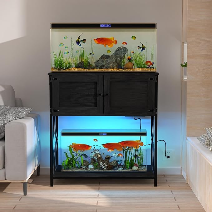 20-29 Gallon Aquarium Stand with Power Outlets & LED Light, 330LBS Capacity, Metal Frame Fish Tank Stand with Cabinet Accessories Storage for Reptile Tank, 30.7" L*15.7" W Tabletop, Black