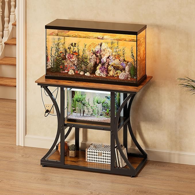 50 Gallon Aquarium Stand with Power Outlets Fish Tank Stand with 3-Tier Storage Shelves Display Stand for Turtle Tank Shelves Metal Frame Stand for Living Room Office Entryway,Brown