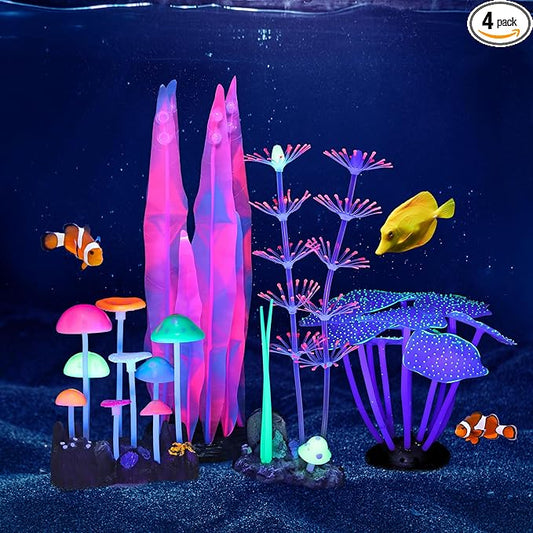 Lpraer 4 Pack Glow Aquarium Decorations Branch Coral Reef Mushroom Seaweed Simulation Glow Plant Glowing Effect Silicone for Fish Tank Decorations