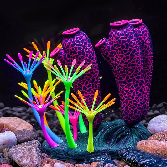 Dynamic Glow in The Dark Aquarium Decorations: Unleashing Visual Effects with Soft Silica Gel, Changing Lights, and Colorful Glowing Coral Ornaments (Dark Red, Seaweed Moon)