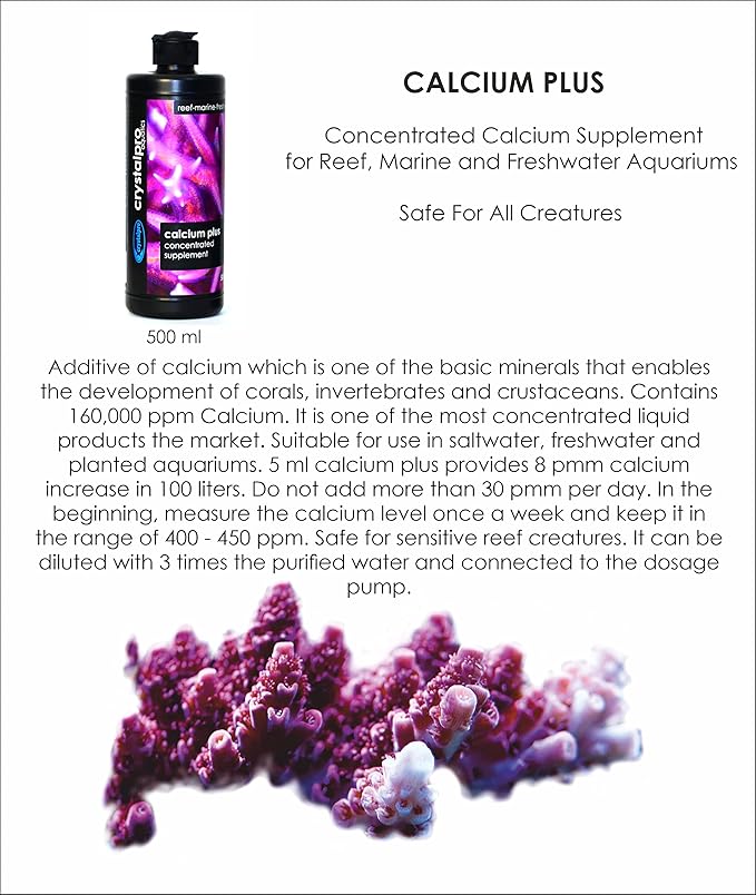 Crystalpro Calcium Plus - Highly Concentrated Liquid Calcium for Marine, Reef Aquariums and Freshwater Snails - Contains 160.000 ppm Calcium (4.22 Fl Oz)