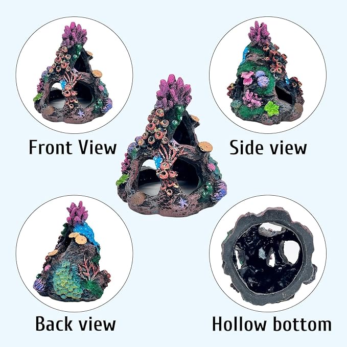 PINVNBY Coral Aquarium Decorations (Size: 6.3 x 4.7 x 4.7 inches) Small Fish Tank Decorations Hideout Resin Rock Mountain Cave Ornaments Betta Hideout House for Beta Sleep Rest Hide Play Breed