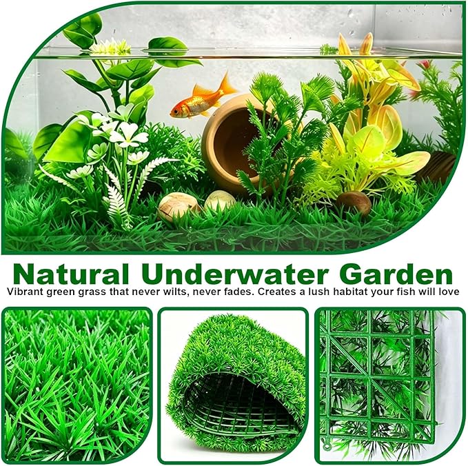 kathson 3 PCS Aquarium Grass Mat Decorations,Artificial Plastic Plant Lawn for Fish Tank Plants Landscape Ornament,Fish Tank Decor Green Carpet with Suction Cups for Freshwater & Saltwater