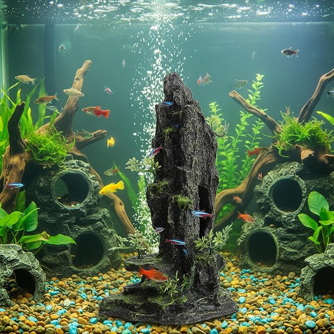 14.4" Tall Aquarium Cave Decor, Large Resin Mountain Hideout with Artificial Plants, Rock Shelter for Betta & Cichlid, Landscape Ornament for 20-40 Gallon Freshwater & Saltwater Tank