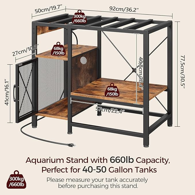 MAHANCRIS 40-50 Gallon Fish Tank Stand, Aquarium Stand with Power Outlet and Storage Cabinet, Heavy Duty Tank Stand Suitable for Turtle Tank, Reptile Terrarium, for Home Office, Rustic Brown FTHR50E01