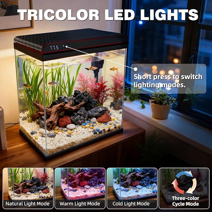 Coospider 10 Gallon Glass Fish Tank, Aquarium Starter Kit, Simple Self-Cleaning Aquarium with 3-Color LED Lights, Quiet Filter Pump, Temperature Monitoring for Fish, Shrimp, Kids Gift Ideas