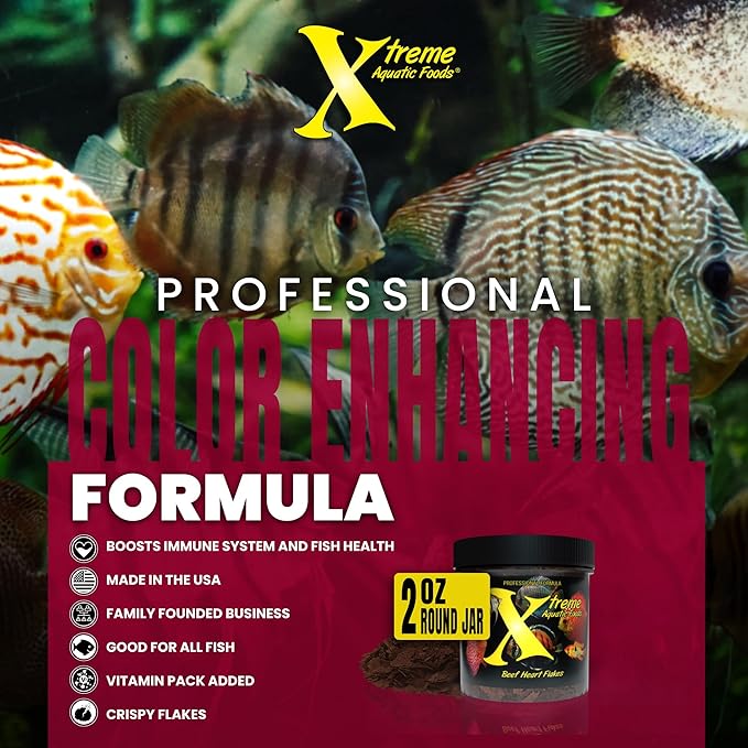 Xtreme Beef Heart Flakes - High Protein, Nutrient-Dense for Tropical & Freshwater Fish, Supports Growth, Color Enhancement, Easy Digestion - Ideal for Discus and Cichlids (2oz)